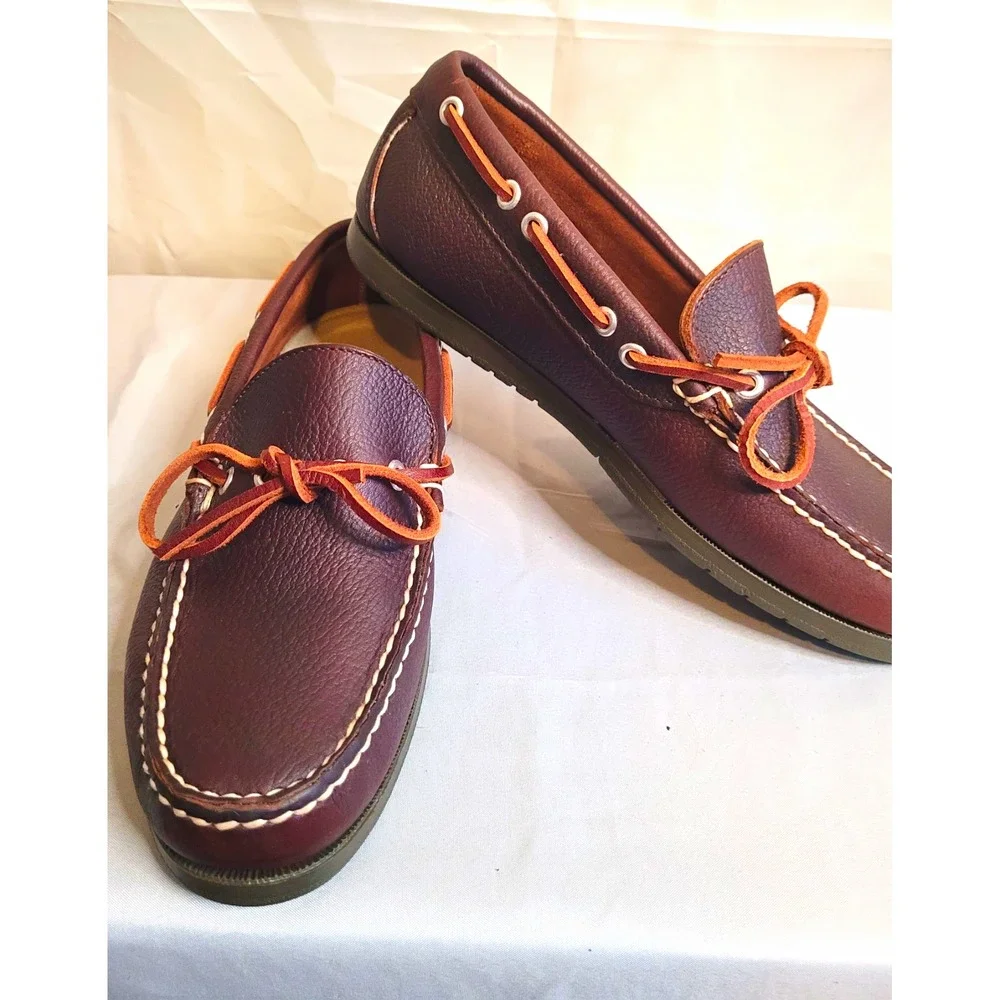 L.L.Bean Men's Brown Leather Moc Toe Boat Shoes Lace-Up Rubber Sole Round Toe